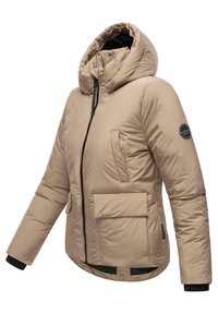 Beige gewatteerde jas met capuchon, met een rits aan de voorkant, twee zijzakken en zwarte manchetten. Gladde stof met een subtiele glans.