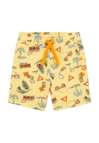 Bañador amarillo con un estampado tropical divertido que incluye palmeras, gafas de sol y varios motivos. Cintura elástica con cordón de ajuste naranja.