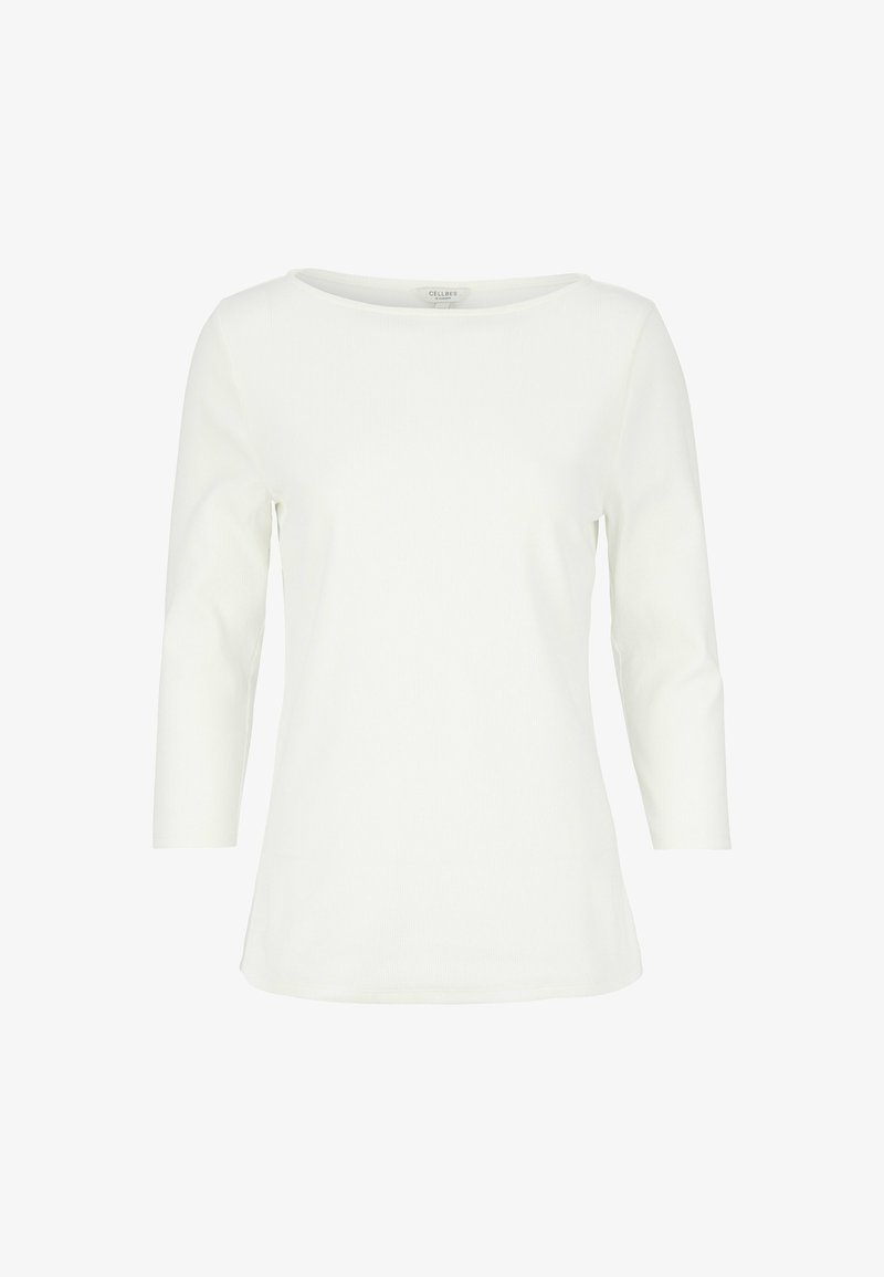 Weiße, langärmelige, gerippte Strickbluse für Frauen mit rundem Halsausschnitt und einer leicht taillierten Silhouette.