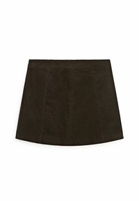 Mini-jupe en velours côtelé brun foncé avec des coutures verticales sur les panneaux et une forme légèrement évasée en A, posée à plat sur un fond blanc.