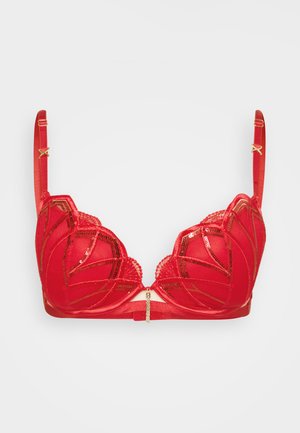 Soutien-gorge rouge avec des détails en maille complexe, des bords en dentelle festonnée et des accents dorés. Comprend des bonnets rembourrés et des bretelles réglables pour un soutien optimal.