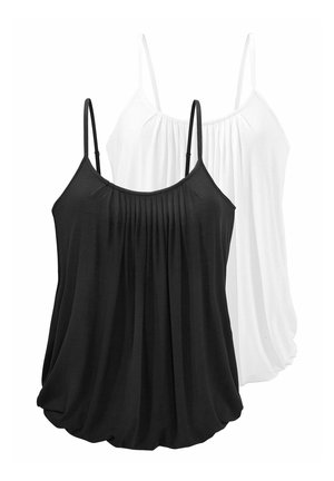 Two sleeveless tops: one black and one white. Made of soft, stretchable fabric with a loose fit, featuring gathers at the neckline.