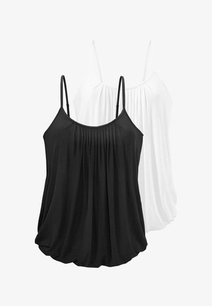 Deux débardeurs sans manches : un noir et un blanc. Fabriqués en tissu doux et extensible avec une coupe ample, ils présentent des fronces au niveau de l'encolure.