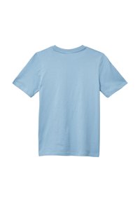 Helles blaues, kurzärmliges T-Shirt aus Baumwolle. Es hat einen klassischen Rundhalsausschnitt und eine glatte, einheitliche Textur ohne sichtbare Muster.
