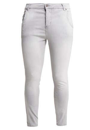 Lichtgrijze slim-fit jeans met knoop en ritssluiting aan de voorkant, twee voorzakken en riemlussen.