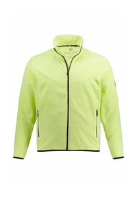 Giacca in fleece verde lime con colletto alto, chiusura con zip e due tasche laterali con zip. Accenti neri lungo le zip e l'orlo.