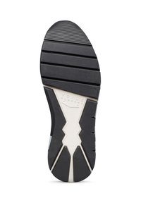 Suola di scarpa in gomma nera con scanalature e creste testurizzate. Presenta un design a zigzag bianco e il nome del marchio "Voile Blanche" in rilievo.