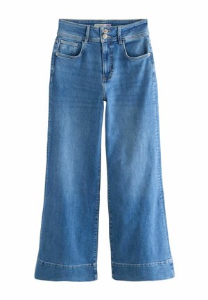 Jeans en denim bleu à jambes larges avec une taille haute, dotés d'une fermeture à boutons, de cinq poches et d'un ourlet brut.