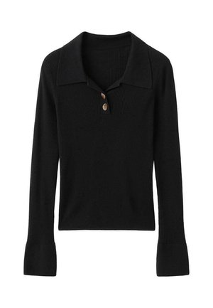 Black ribbed knit long-sleeve pullover with a collared neckline and three-button placket. Features flared sleeves and a textured finish.