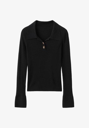 Sort ribstrikket strikpullover med lange ærmer, krave og tre knapper foran. Har udvidede ærmer og en struktureret finish.