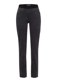 Schwarze Denim-Hosen mit dehnbarem Bund, slim fit und Rückentaschen-Details. Der Stoff hat eine glatte Textur und einen leichten Glanz.