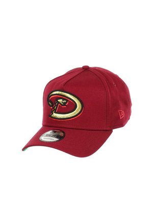 Red baseball cap with a curved visor, featuring an embroidered yellow and black logo on the front. Adjustable fit with a fabric texture.