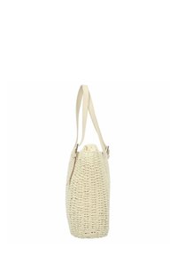 Geweven strooien tas in off-white met een gladde leren handgreep. Cilindrische vorm, trekkoordsluiting aan de bovenkant en minimale decoratieve accenten.