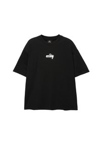 Black short-sleeved t-shirt made of cotton. Features a small white logo on the chest. Relaxed fit with a round neck and no embellishments.