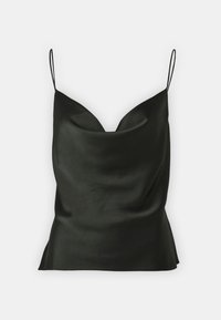 Camisole nera in raso con spalline sottili e regolabili, caratterizzata da un collo a V e una texture liscia, che si restringe dolcemente all'orlo.