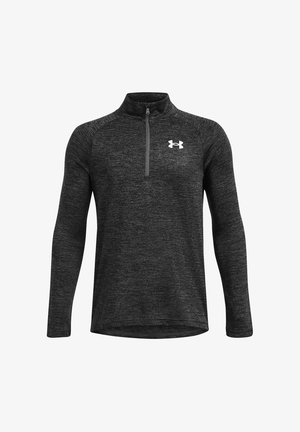 Dunkelgrauer, langärmliger Sportpullover mit Viertel-Reißverschluss und weißem Under Armour-Logo auf der Brust, für Männer entworfen.