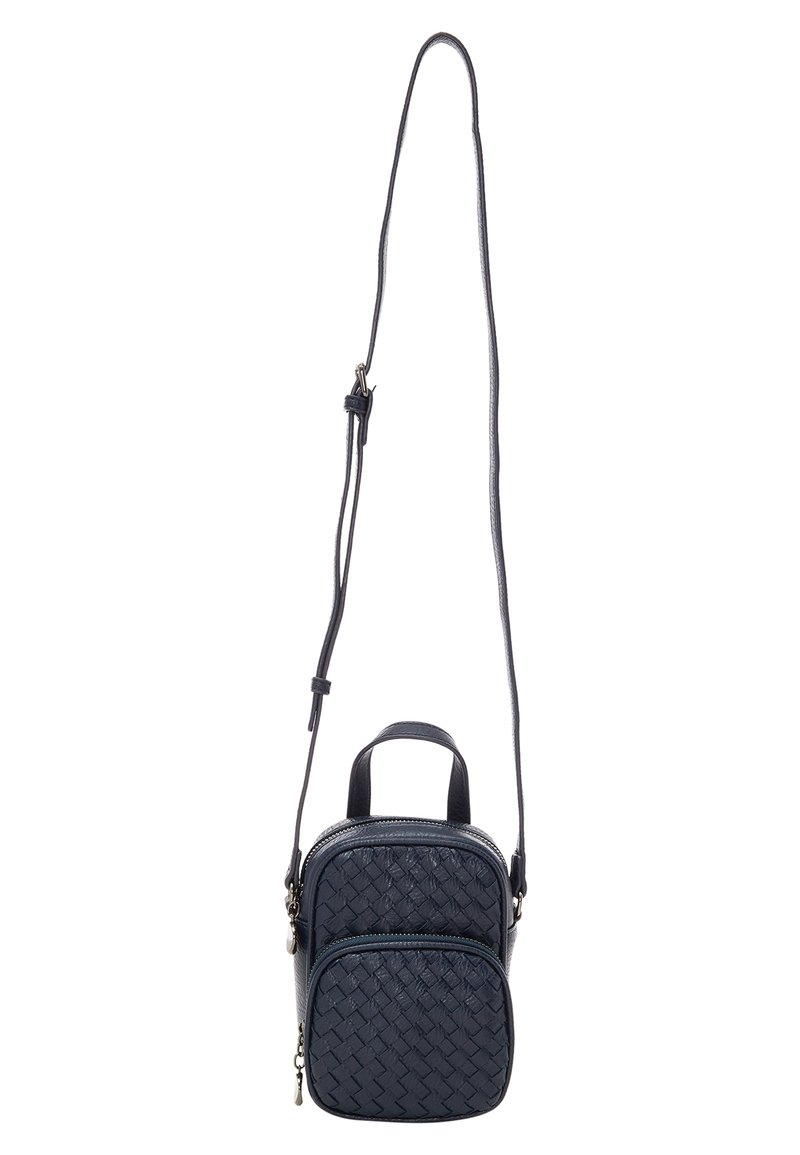 Borsa a tracolla intrecciata blu navy con doppi scomparti con zip, tracolla slim regolabile e manico superiore. Realizzata in materiale testurizzato.