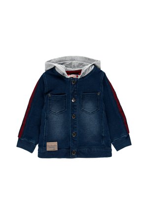 Children’s denim jacket with grey hood, front buttons, two chest pockets, ribbed cuffs, and red stripes on navy sleeves.