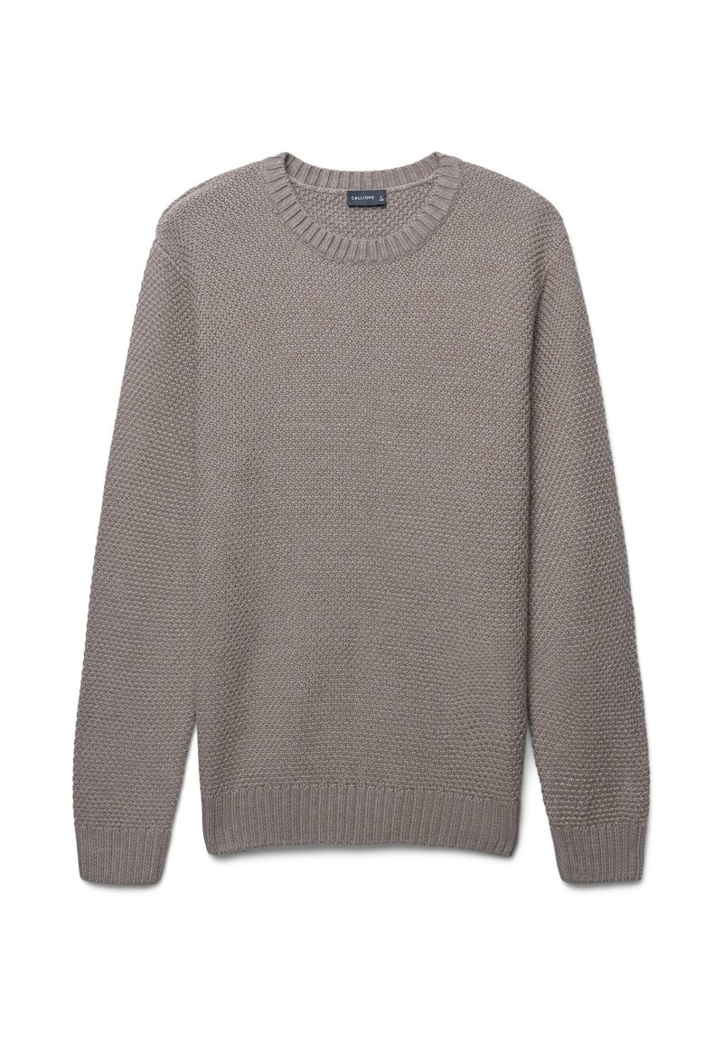 Maglione grigio in maglia con scollatura rotonda, motivo testurizzato, polsini e orlo a coste, e vestibilità comoda.