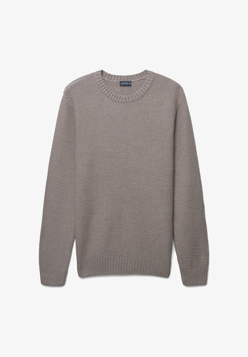 Grauer Strickpullover mit rundem Halsausschnitt, strukturiertem Muster, gerippten Bündchen und Saum sowie einer lässigen Passform.