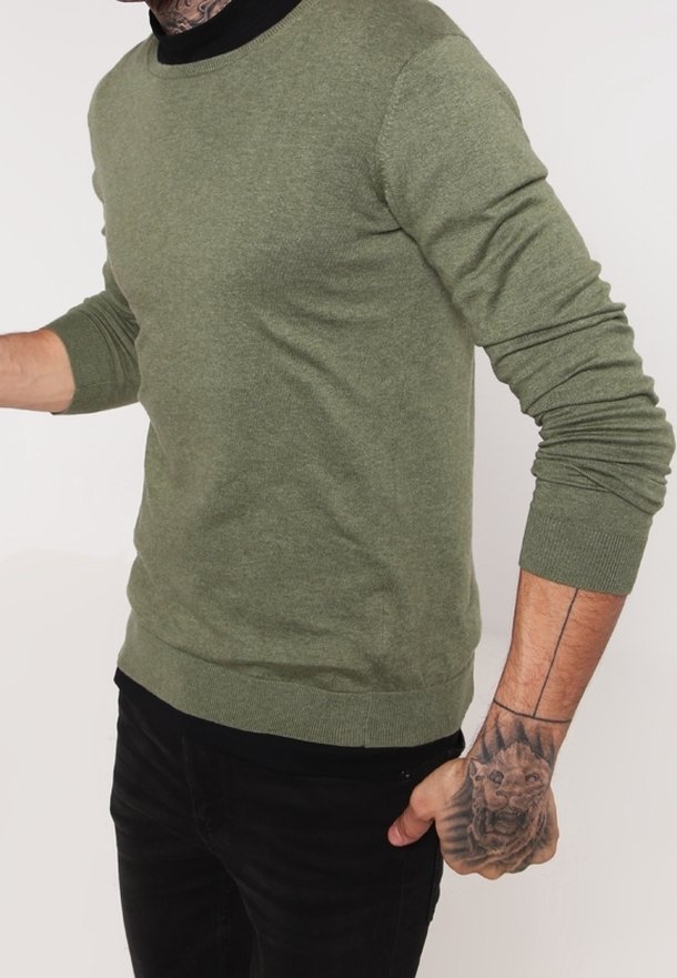 Grön stickad tröja med rund halsringning, åtsittande ärmslut och nederkant. Tyget ser mjukt ut med en lätt textur. Buren över mörka jeans.