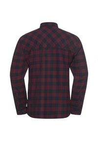 Chemise à manches longues de couleur rouge foncé et à motif carreaux noirs, dotée d'un col classique, de poignets à boutons et d'un ourlet droit à l'arrière.