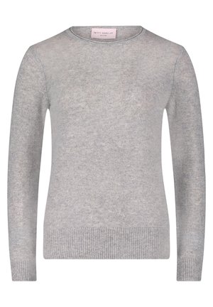 Grå stickad tröja med långa ärmar, rund halsringning och ribbade muddar och fåll. Mjuk textur med ett diskret melerat mönster.