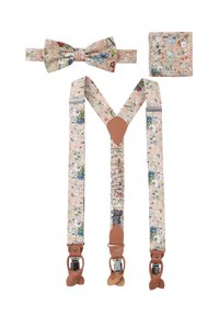 Blumenmuster Hosenträger in Beige, mit verstellbaren Akzenten aus braunem Leder und Clips; einschließlich passender Fliege und Einstecktuch.