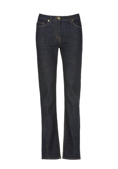 Donkerblauwe denim jeans met een rechte pijpdesign, voorzien van contrasterende stiksels, vijf zakken en een knoopsluiting in de taille.