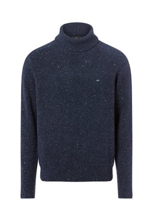 Maglione a collo alto di un blu navy realizzato in tessuto a maglia testurizzata, caratterizzato da un sottile motivo a macchie e da polsini e colletto a costine.