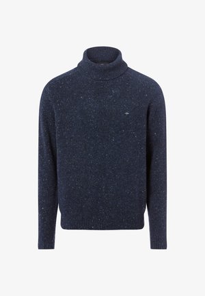 Marineblauwe coltrui van gestructureerde breistof, met een subtiel gestructureerd patroon en geribbelde manchetten en kraag.
