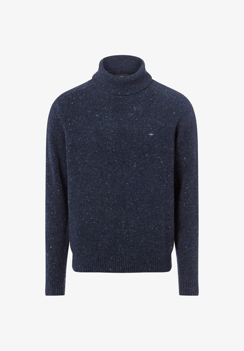 Granatowy sweter z golfem wykonany z teksturowanej dzianiny, z delikatnym nakrapianym wzorem oraz ściągaczami na rękawach i kołnierzu.