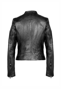 Czarna skórzana kurtka o krótkim kroju, z kołnierzem stojącym i zamkami na mankietach. Gładka faktura i minimalistyczne detale.