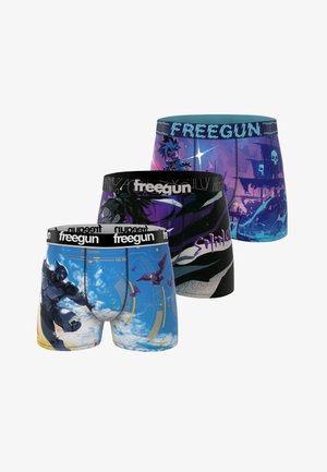 Trois boxers colorés aux thèmes de science-fiction et fantastique, présentant des robots, des personnages, des vaisseaux et la marque "freegun" sur la ceinture.