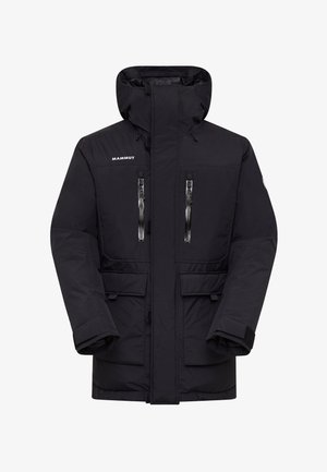 Black insulated jacket with a high collar, zippered pockets, adjustable hood, and a textured fabric. Features a front button closure.