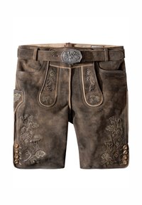 Shorts en cuir marron foncé avec broderie florale, coutures contrastées et boutons décoratifs sur le côté ; comprend une ceinture assortie.