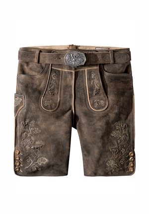 Dark brown leather shorts with floral embroidery, contrast stitching, and decorative buttons on the side; includes a matching belt.
