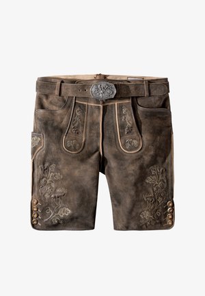 Donkerbruin leren shorts met bloemembroidered, contrasterende stiksels en decoratieve knopen aan de zijkant; inclusief een bijpassende riem.