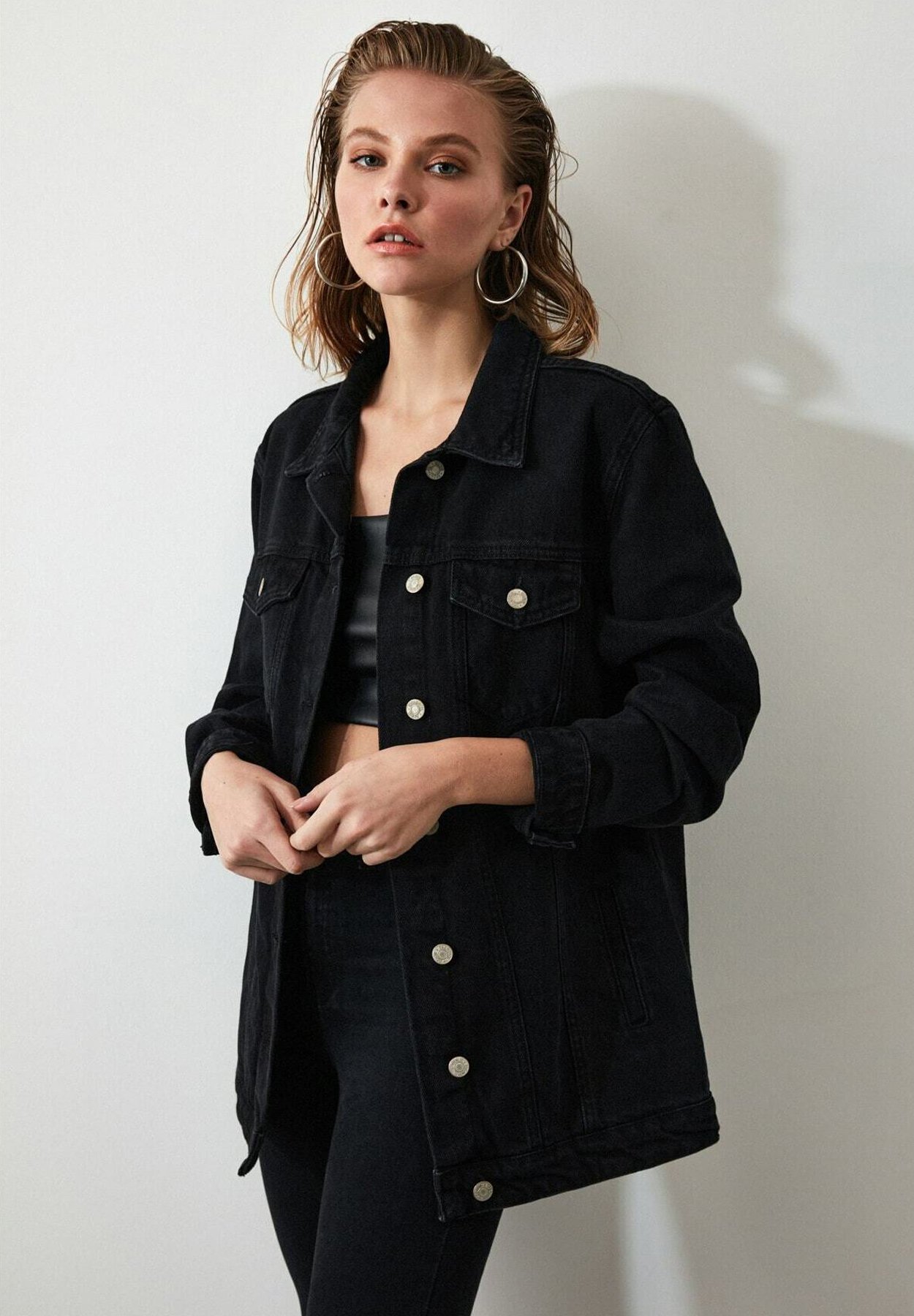 long black denim coat