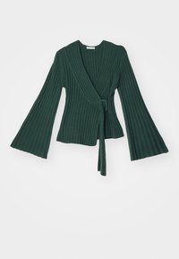 Top verde acanalado con mangas largas de campana, un cierre con lazo en la cintura y un diseño de escote en V, hecho de un material de punto texturizado.