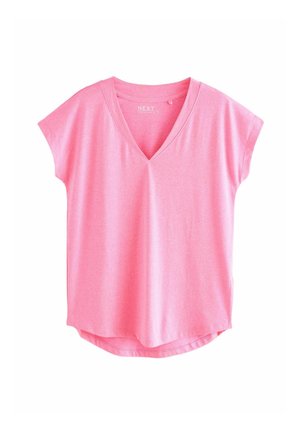Roze korte mouwen V-hals t-shirt, gemaakt van zachte, lichtgewicht stof. Heeft een relaxed fit en een afgeronde zoom met een lichte draping.