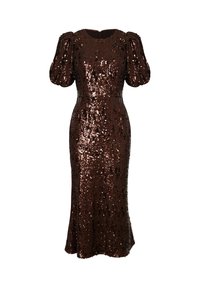 Brązowa sukienka z cekinami, z krótkimi bufiastymi rękawami i dopasowanym górnym partem, lekko rozszerzająca się na wysokości kolan. Gładka tekstura z połyskującymi akcentami.