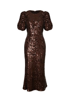 Brązowa sukienka z cekinami, z krótkimi bufiastymi rękawami i dopasowanym górnym partem, lekko rozszerzająca się na wysokości kolan. Gładka tekstura z połyskującymi akcentami.