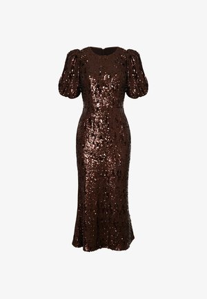 Brązowa sukienka z cekinami, z krótkimi bufiastymi rękawami i dopasowanym górnym partem, lekko rozszerzająca się na wysokości kolan. Gładka tekstura z połyskującymi akcentami.