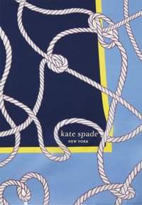 Blue fabric features intertwined white ropes with a knot design, framed by a yellow border and displaying the text "kate spade NEW YORK."