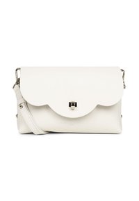 Borsa a tracolla in pelle bianca con pattina arrotondata, chiusura in metallo argentato e tracolla removibile. Design minimalista con branding discreto.