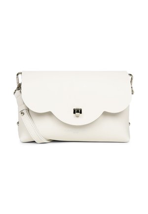 White leather handbag with a rounded flap, silver hardware clasp, and a detachable strap. Minimalist design with subtle branding.