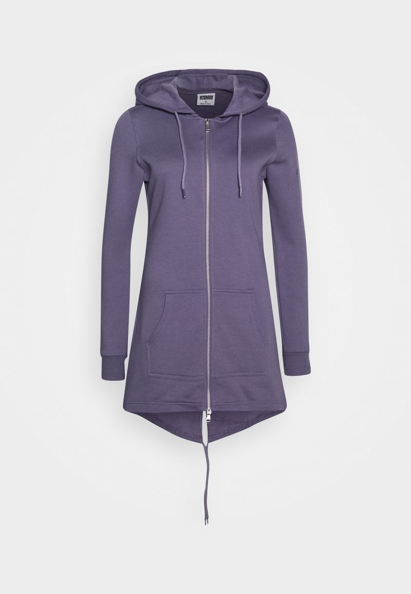 Sudadera larga con capucha en color morado, de mangas largas, con cremallera frontal, dos bolsillos delanteros y cordón en el dobladillo; hecha de una tela suave.