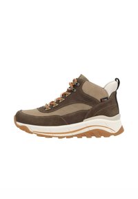 Chaussure de randonnée marron avec des accents en tissu beige, tige texturée, lacets orange, col rembourré et semelle en caoutchouc blanche et marron.