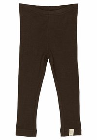 Leggings côtelés marron foncé en tissu doux, présentant un design ajusté et une petite étiquette sur le bas du côté gauche.